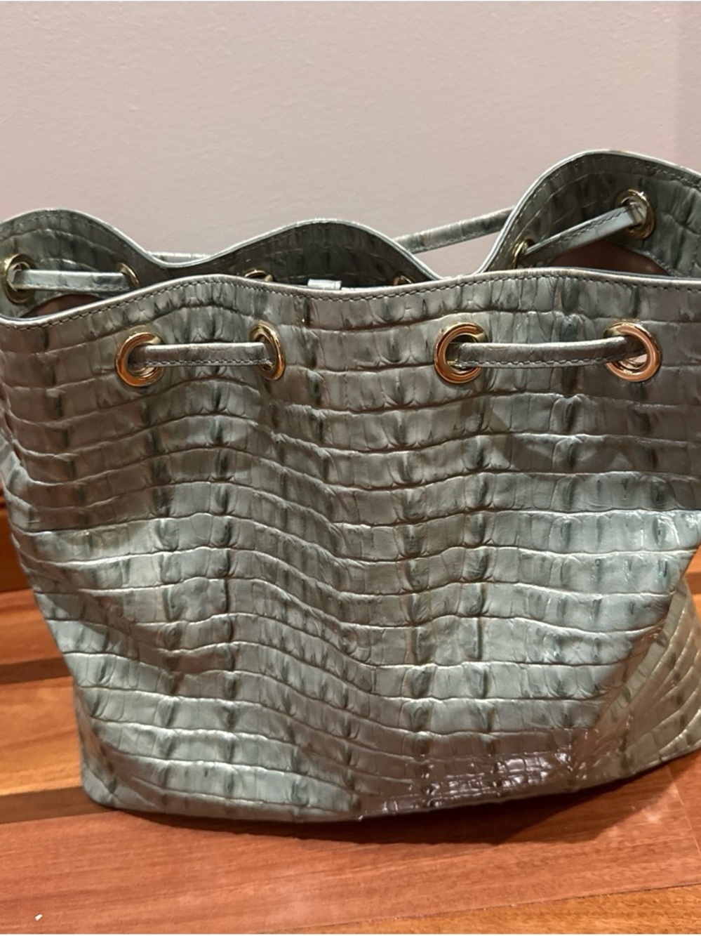 Brahmin Silver Croc-Embossed Drawstring Shoulder Bag